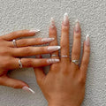 Almond Press on Nails Medium - White French Tip Fake Nails with Gold Circle Design - Glossy Elegant Full Cover Stick on Press ons - for Women 24 Pcs