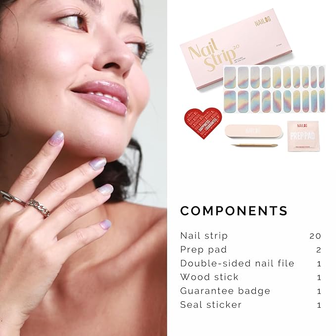 Semi Cured Gel Nail Strips - NAILOG 20 Pcs Rainbow Glitter Gel Nail Stickers Extra Long Nail Wraps with Glossy Gel Finishing for Spring Summer, Misty Glow
