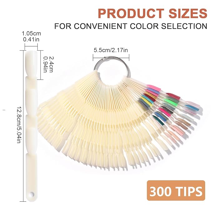 300 Tips Nail Swatch Sticks with Metal Split Ring Fan-shaped Display Nail Practice Sticks Nail Sample Swatches for Nail Art Polish Practice Nail Color Display (Clear and natural)