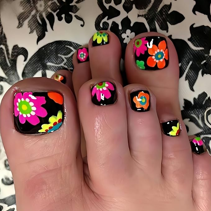 Colorful Flower Press on Toe Nails Short Square Fake Toenails Summer Daisy Floral Glossy Acrylic Artificial Full Cover Black False Stick on Toenails for Women Toenails Decoration 24Pcs