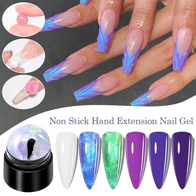 MTSSII 3d Gel Nail Art Set: White Aurora Blue Green Non Stick Hand Solid Builder Gel All-in-1 Kit for Carving Extension Blue Purple Nail Polish Home DIY