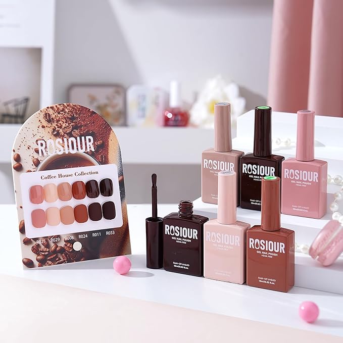 6PCS 18ml Fall Gel Nail Polish Set- Hema Free Nude Brown Soak off Gel Polish Set with Swatch Board - Beige Dark Tan Taupe Gel Colors Nail Art Manicure Salon DIY at Home for Women Girl