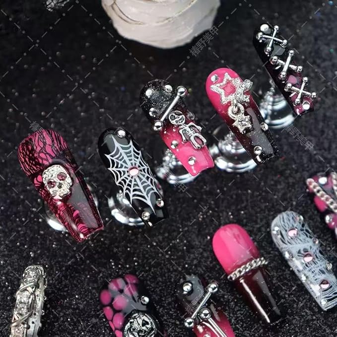 Handmade Press on Nails Halloween Nail Press ons Long Coffin Fake Nails with Pumpkin Skeleton Star Charms Design Ombre Black Pink False Nails Reusable Halloween Handmade Nail for Women Size L