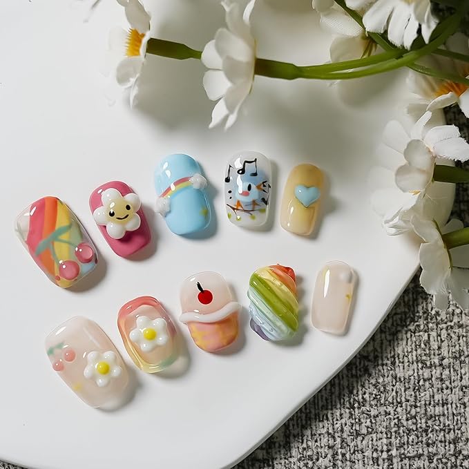 Rainbow Cartoon Press on Nails Short Square - 5D Embossed Sunflower & Mini Colorful Charms Design, Cute False Nails for Women and Girls(Cartoon Drawing,L)