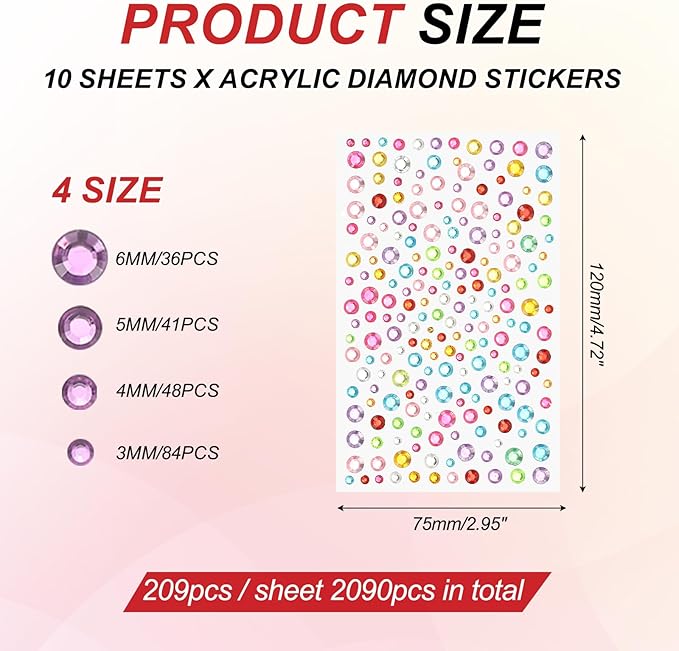PATIKIL 2090 Pcs Acrylic Gem Sticker, 4 Size 3/4/5/6mm Self Adhesive Rhinestones Face Gem Stones Bling Jewelry for Nail Art Craft Clothes DIY Makeup Decoration Party, Rainbow Color