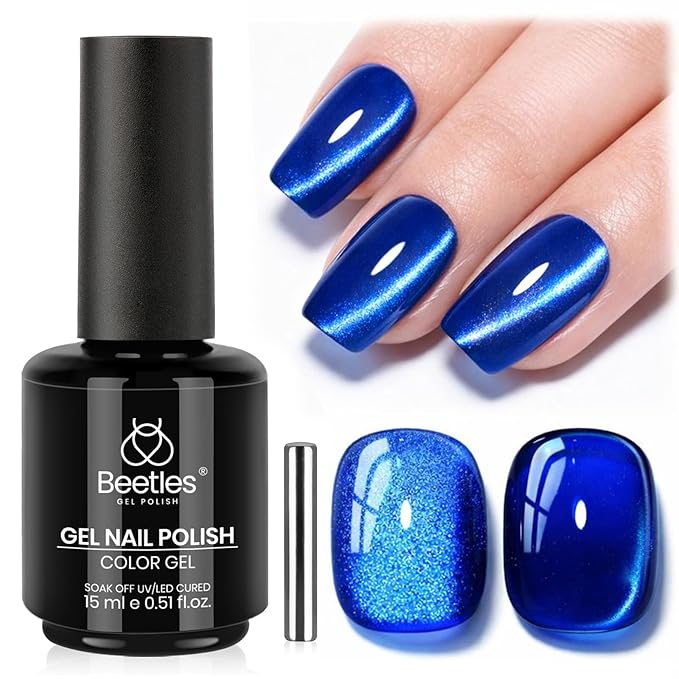 beetles Gel Polish Navy Blue Cat Eye Gel Nail Polish - 15ML Blue Cat Eye Glitter Gel Polish Magnetic Shimmer Effect Soak Off UV French Nail Art Design Salon DIY Manicure Gift for Women