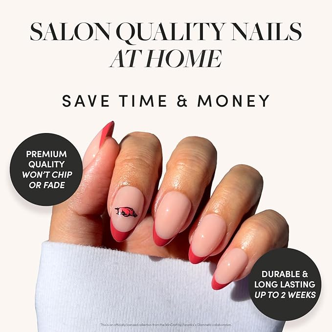 Glamnetic x Fanatics Press On Nails - Arkansas Razorbacks | Short Almond Fake Nails, Collegiate Razorbacks Red French Tips, College Nails, Salon-Quality | 15 Sizes - 30 Nail Kit with Glue