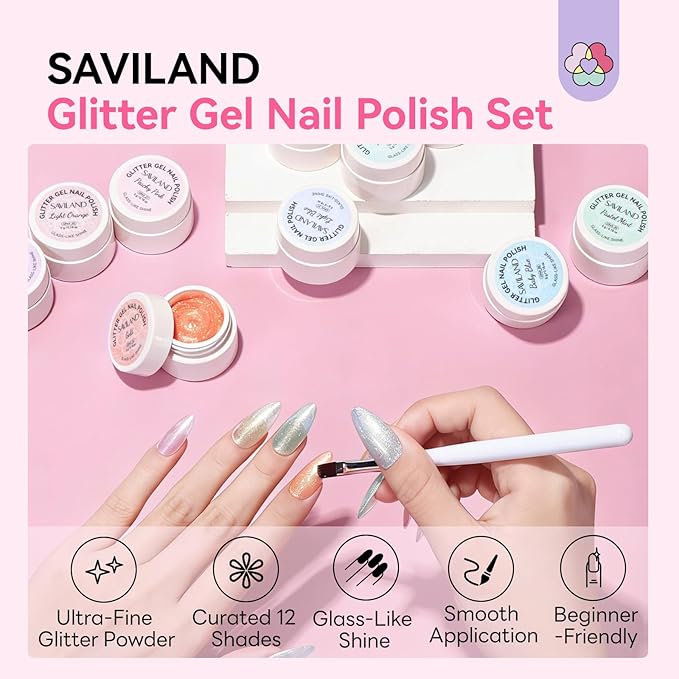 SAVILAND Glitter Gel Nail Polish Set: Jelly 2026 60ml 12 Colors Crystal Shiny Gloss Light Pink Gel Polish Art Pen Spring Magnetic Gel Polish Glitter Nail Polish Gifts Home Manicure DIY