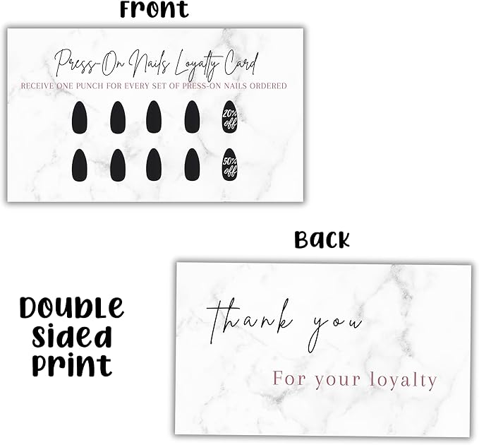 Boutique Marketing LLC Press-On Nail Loyalty Discount Cards | 50 Pack | 2x3.5 Inch inch Business Card Size | DIY Press-On Nail Kit | Marble Look with Black Nail Design,marble,black,white
