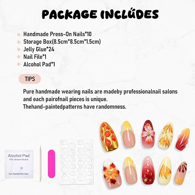 Handmade Press on Nails Fall Medium Almond Fake Nails Yellow Gradient Flower & Autumn Leaves Designs Full Cover Thickened Salon Quality False Nail French Acrylic Nails Stick on Nail for Women（Size M）