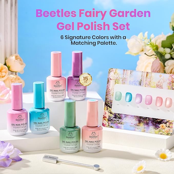 Beetles Fairy Garden Cat Eye Gel Nail Polish Set - 6 Colors 15ML Spring Gel Polish Kit Glitter Pink Purple Blue Orange Red Green Magnetic Effect Soak Off UV Nail Art DIY Manicure Gift for Women