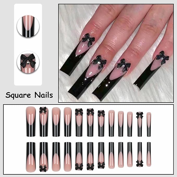 MISUD Press on Nails - Extra Long Square Fake Nails with Black French Tip, Acrylic Bow Design 24 pcs