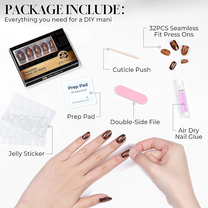 UNA GELLA 32Pcs Soft Gel Press on Nails - 16 Sizes Glossy Tortoise Shell Round Glue on Nails, Reusable Amber Pattern False Nails, Full Cover Acrylic Nail Kit for Women DIY Home Manicure