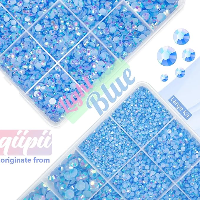 Light Blue AB Resin Rhinestones w B7000 Jewelry Glue for Bedazzling Crafting 2mm-6mm Flatback Jelly Stones Diamonds Gems Bedazzler Kit Charms for Nails Face Makeup Tumblers Bottles Crafts Shoes