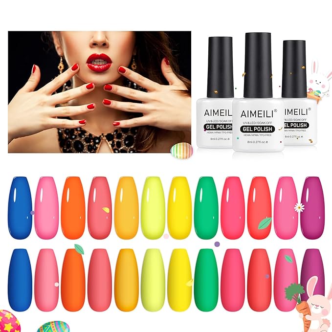 AIMEILI Neon Gel Nail Polish Set Summer 12 Colors, Hema Free, Cruelty Free, Vegan Nail Art Hot Pink DIY Salon Kit Set 24