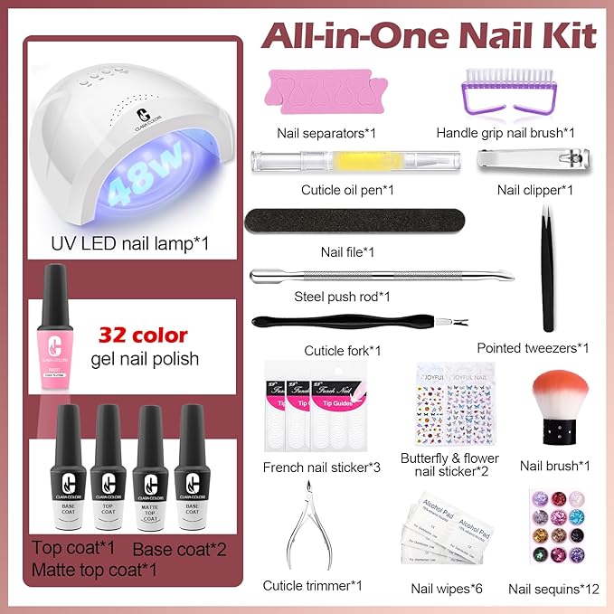 Clara Colors 32 Colors 14ml Gel Nail Polish Kit, All In One Gel Polish Set with Base Matte Glossy Top Coat Tools Nails Art Decorations Salon Gel Polish Starter Kit Full Cover Natural