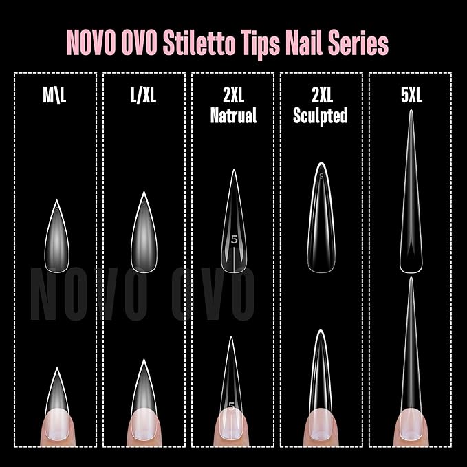 NOVO OVO Sharp Stiletto Pointed Medium Long Nail Tips Press on, Soft Gel Double Matte Clear Fake Nail Extension, Full Cover False Nails for Salon DIY x 16 Sizes 224 pcs
