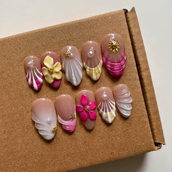 Press On Nails Medium Almond Nails, Handmade 3D Design Fake Nails with Thick Acrylic Multi-Layer Gel Nails, Reusable Durable DIY Artificial Nails for Women (10 Pieces)
