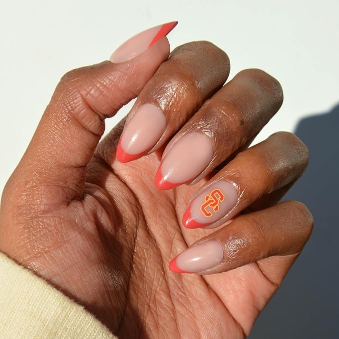 Glamnetic x Fanatics Press On Nails - USC Trojans | Short Almond Fake Nails, Collegiate Trojan Red French Tips, College Nails, Salon-Quality | 15 Sizes - 30 Nail Kit with Glue
