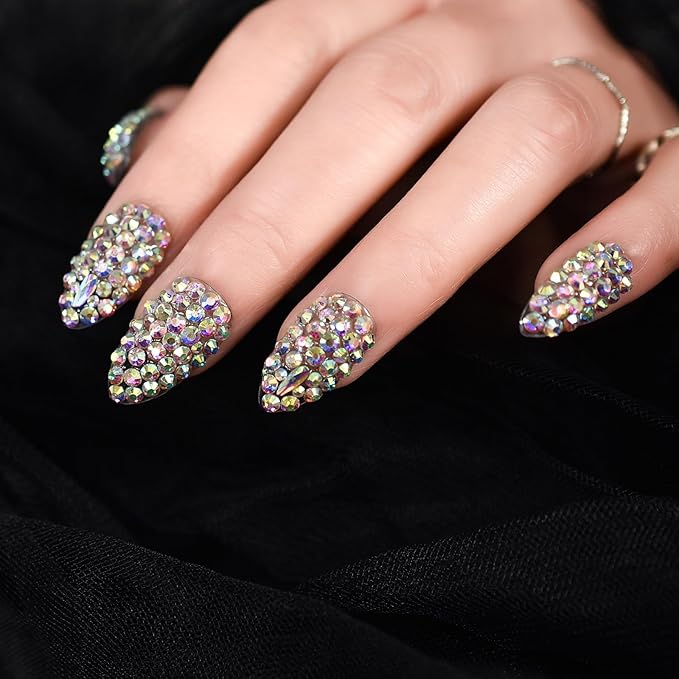 Coolnail Shiny 3D Crystal Rhinestones Press on Nails, Medium Stiletto Holo Diamonds Handmade Tips Kit, Jewelry Gems Full Cover Fake Glue Stick on, Luxe for Party Women & Girl