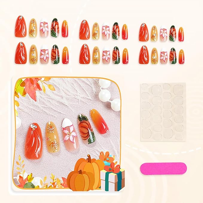 30Pcs Fall Press on Nails Medium Almond French Tip Fake Nails with 3D Flower Gold Sliver Gems Design Maple Leaf Pumpkin False Nails Glossy Glue on Nails Full Cover Artificial Stick on Nail for Women