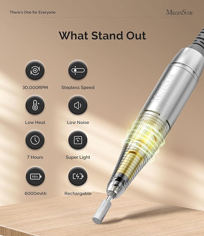 MelodySusie Entry-Level Clip-On Rechargeable Nail Drill, SC320H 30000RPM Popular Classic E-File with LCD Display for Manicure Shaping & Gel Removal, Perfect for Training, Nail Art Practice & Home Use