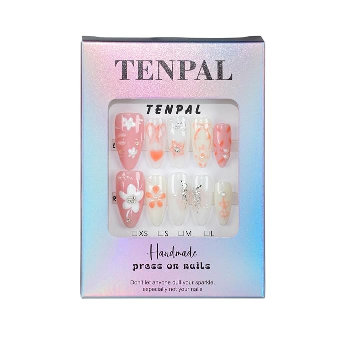 Pink Nails Acrylic Press on Nails Medium Almond Hand Painted Flower Floral Bow Tie Designs Stick on Nails Full Cover Reusable Fake Nails Press Ons 10pcs/box Glossy Glue on Nails(L)