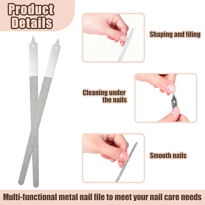 4 Pack Diamond Deb Nail File - Double Sided Stainless Steel Metal Nail Filer for Natural Nails - Professional Manicure Pedicure Tool with Sharp Tip for Women Men (6 Inch)