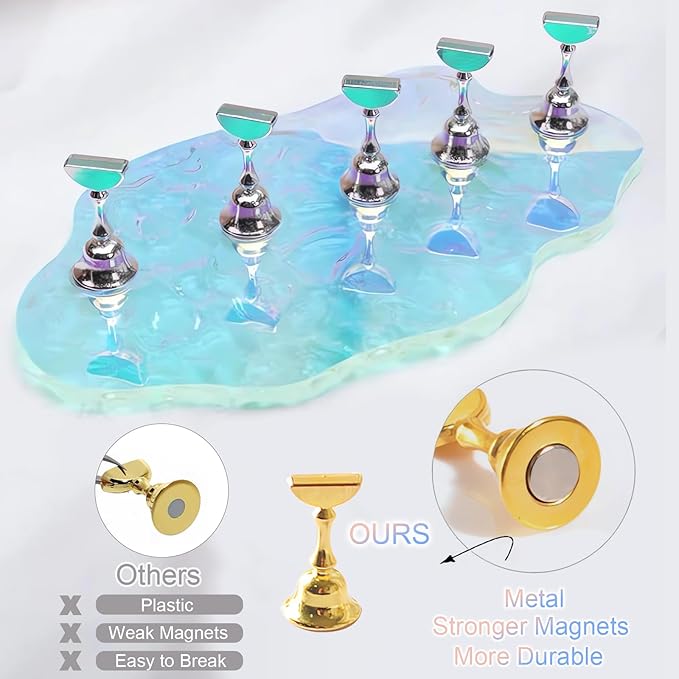 Press On Nail Stand Set - 2 Pcs Aurora Arcrylic Nail Holder for Painting Nails With A Mini Clear Nail Stand Base, Two Color Metal Nail Holders,Reusable Sticky Putty For Nail Art & Display