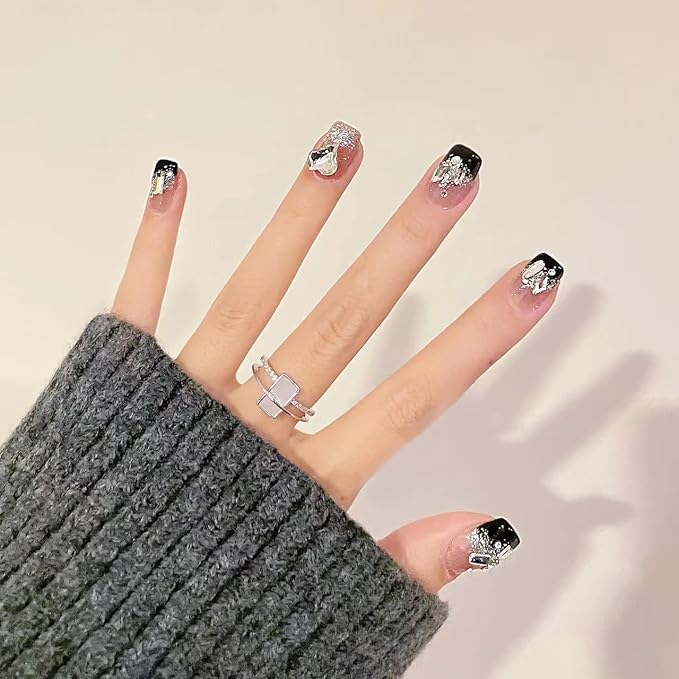 Press on Nails Short Black French Glitter Heart Rhinestone False Nails 3D Bling Square Fake Nail Tips Artificial Manicure for Women – 24pcs with Glue Kit (Black French)