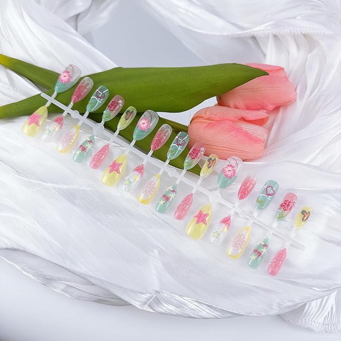 30Pcs Summer Press on Nails Medium Almond Fake Nails with 3D Starfish Designs, 30pcs Beach Press on Nails, 1pc Nail File, 24pcs Nail Jelly Stickers, 1pc Wooden Stick
