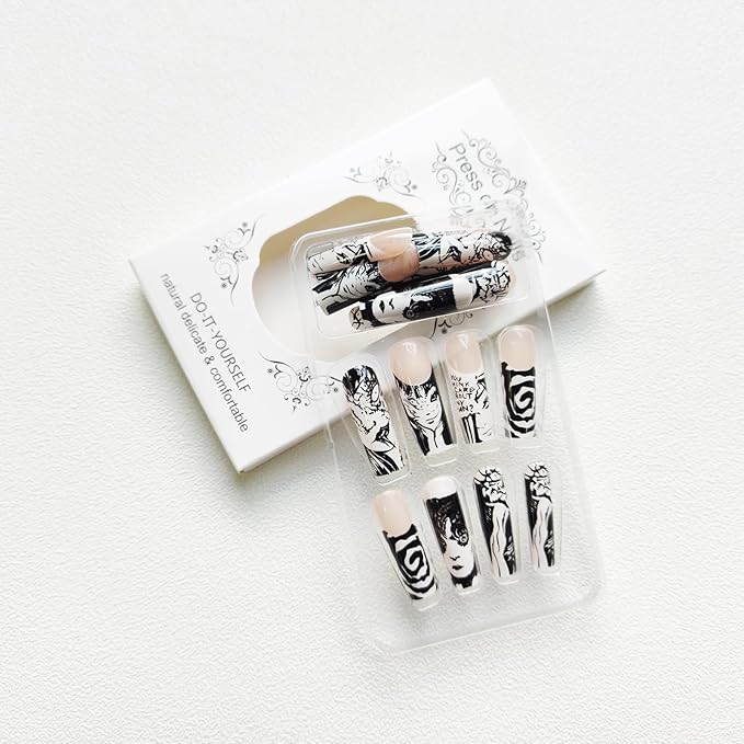 Long Black White Halloween Anime False Nails - Square, Full Cover Glossy Acrylic Artificial Nails - Stick On for Women with Design