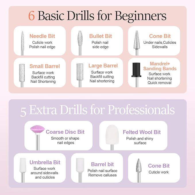 20000RPM Electric Nail Drill Rechargeable Compact Portable Efile Professional Manicure Cordless Pedicure Nail File Drill Kit for Acrylic Gel Nails and Home Salon Use