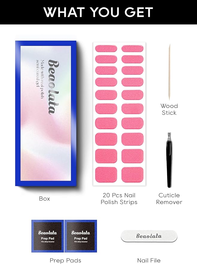 Semi Cured Gel Nail Strips - UV Light Gel Nail Stickers - 20 Long Lasting Salon Quality Wraps (Pink Sugar Sparkle)