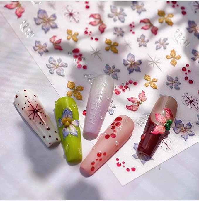 Dedyel Colorful Flower Nail Stickers 5D Embossed Self Adhesive Nail Stickers Spring Summer Flower Design Nail Art Decoration for Women Girls Kids