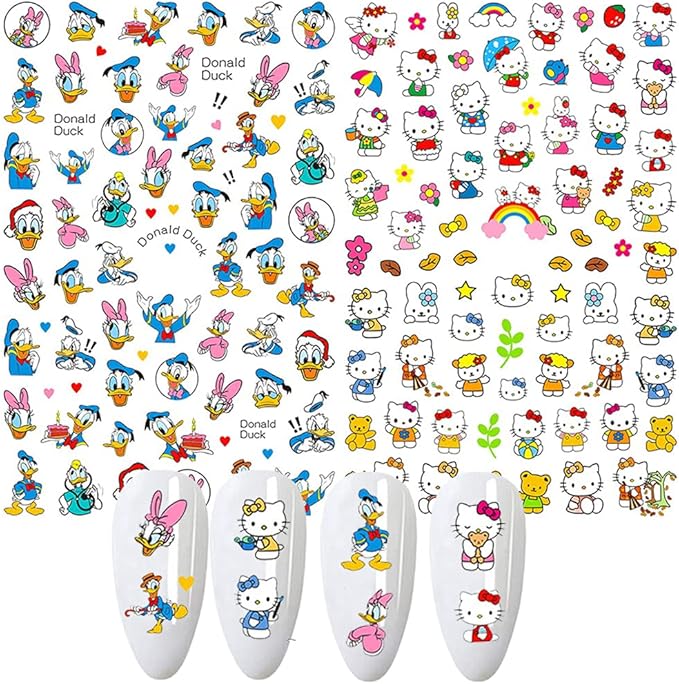 Cartoon Nail Art Stickers Cute Cartoon Nail Decals 3D Self-Adhesive Nail Art Supplies Designer Nail Stickers for Women Acrylic Nails Decoration Accessories 7 Sheets
