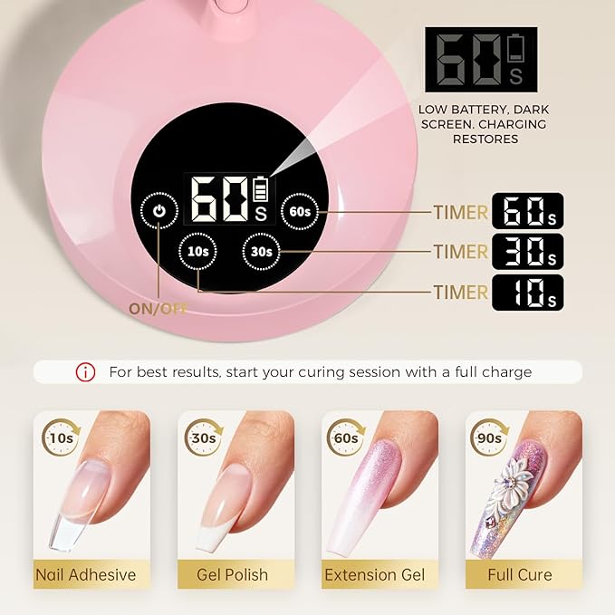 AORAEM UV LED Nail Lamp, Rechargeable Gooseneck Lamp for Gel Nails 12W Quick Dry LED Nail Light Nail Dryer with 4 Timers & Auto Sensor, Professional Flash Cure Light for Gel Nails Home DIY Pink