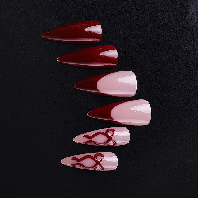 Christmas Press on Nails Long Stiletto MABKJLF Red French Tip Fake Nails 3D False Nails with Bow Ball Designs Glossy Glue on Nail Winter Full Cover Acrylic Nails for Women Girls 24Pcs