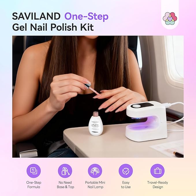 SAVILAND One-Step Gel Nail Polish Kit: Sheer Jelly Nude 5-In-1 Gel Polish Base Top Coat Builder Reinforcement In One Bottle with U V Light Quick Easy Manicure Home DIY Gift Travel Kit 15 ML