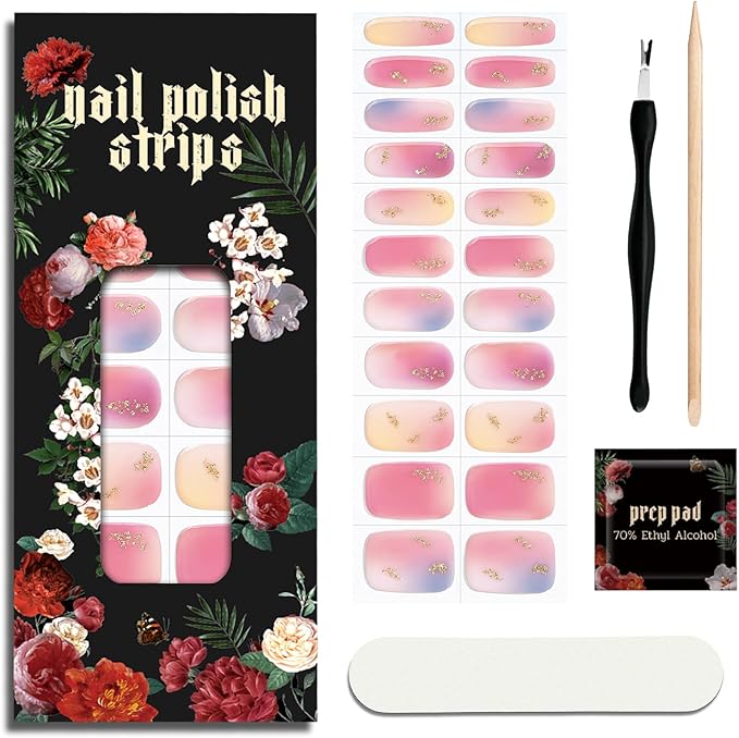 Nail Polish Strips (No UV Lamp Needed) - 22 Pcs Salon Quality Gel Nail Stickers - Long Lasting Wraps (Stardust Pink Kiss)