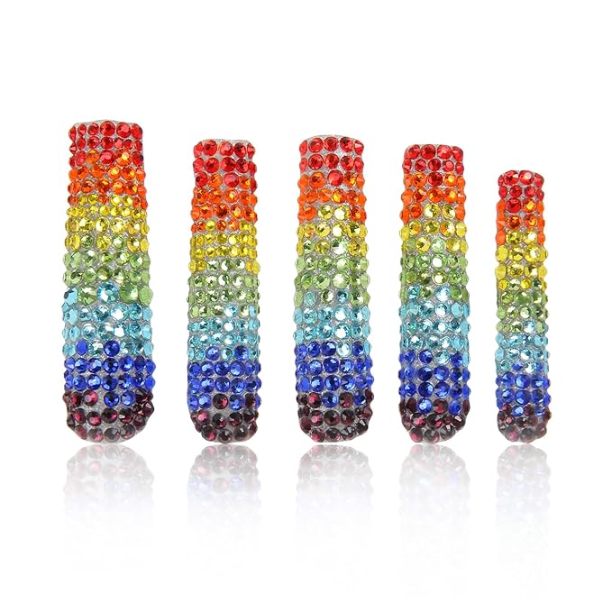 LOVFUL Press on Nails Rainbow | Handmade with Full Covered Crystals | Reusable Fake Nails | Square Long 2.2 in | H90-L