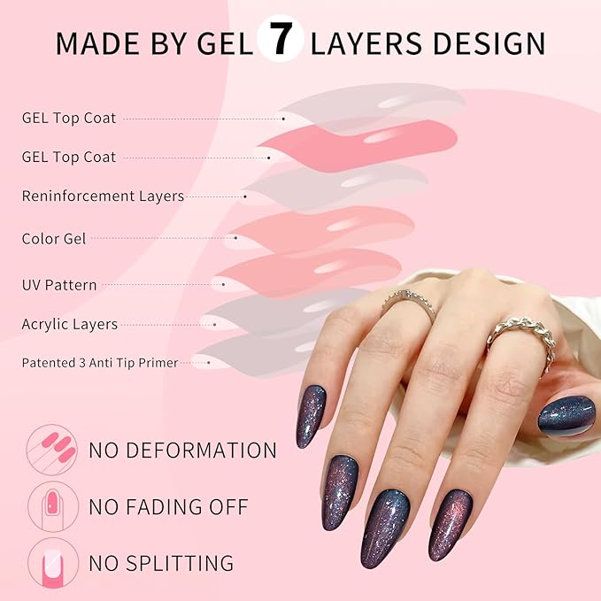 Dark Blue Almond Cat Eyes Press On Nails,12 Sizes - 24 Pcs Soft Gel Blue Medium Fake Nails Kit with Nail Glue, Natural Reusable Stick On False Nails for Women and Girls SK1008