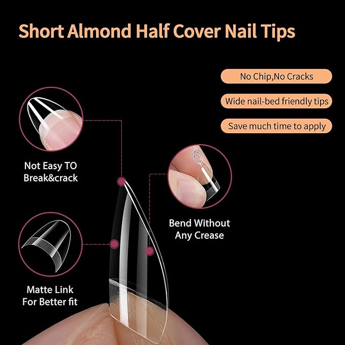 Extra Short Almond Nail Tips: 300Pcs Small Almond Shape Soft Gel Fake Nail Tips for Nail Extension, 12 Sizes Half Cover Clear Press on Nails for Girls for Home DIY Salon