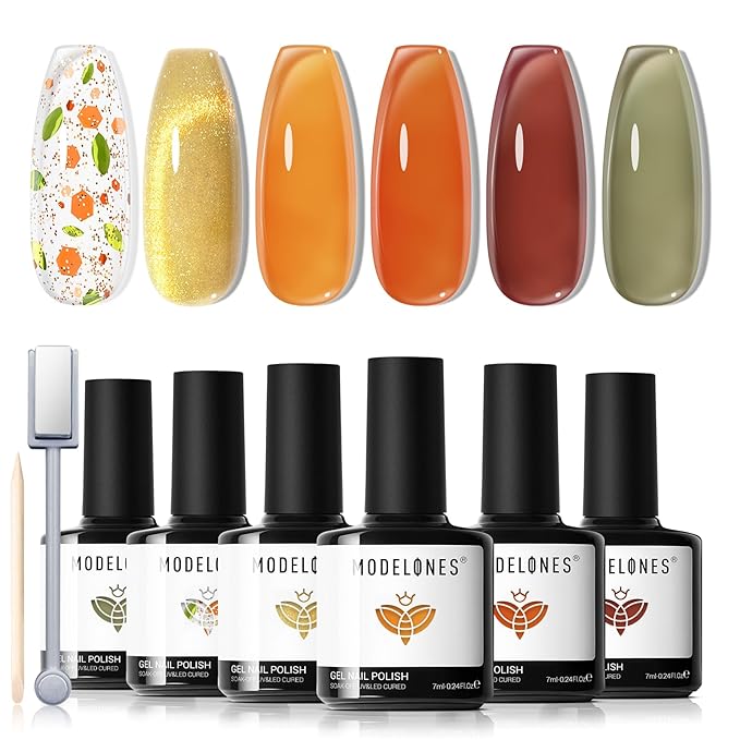 modelones Gel Nail Polish Set, 6 Colors Caramel Brown Orange Green Jelly Gel Polish Tortoise Yellow Gold Glitter Cat Eye Nail Polish with Magnet& Wooden Stick Soak Off LED DIY Gift