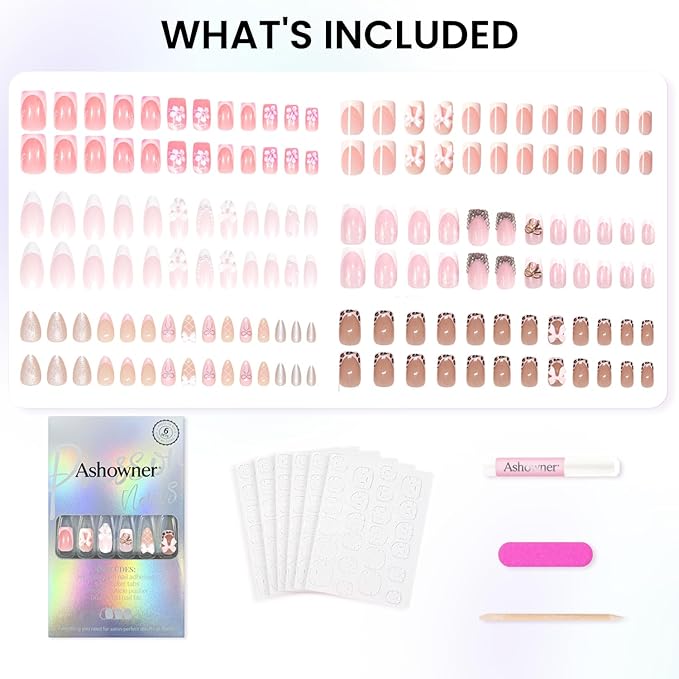 6 Packs (144 Pcs) | Reusable Press on Nails | Stick on Nails 12 Sizes-6 Styles | Cute Bow Nails