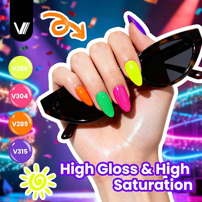 VANREESA 24 Pcs Gel Nail Polish Set -Bright Colors Gel Polish with Base Coat & 4 Effects of Top Coat Bright Yellow Orange Pink Red Green Blue Purple Gel Polish Set Nail Kit Gifts for Women Girls