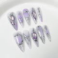 Purple Gradient Press on Nails Long - Handmade Press On Nails Almond Fake Nails with 3D Cat's Eye Designs False Nails Luxury Full Cover French Acrylic Stick on Nail for Women 10Pcs (Size M)