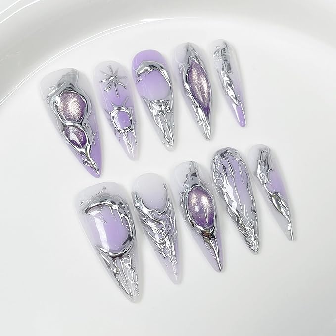 Purple Gradient Press on Nails Long - Handmade Press On Nails Almond Fake Nails with 3D Cat's Eye Designs False Nails Luxury Full Cover French Acrylic Stick on Nail for Women 10Pcs (Size M)
