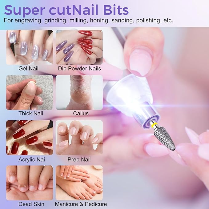 Fantexy 3/32" Carbide Nail Drill Bit - Remove Acrylic Hard Gels Quickly and Safely,Professional Cone Tungsten Drill Bits Set Nail File Acrylic for Manicure,Pedicure,Cuticle Cleaner (Extra Fine - XF)