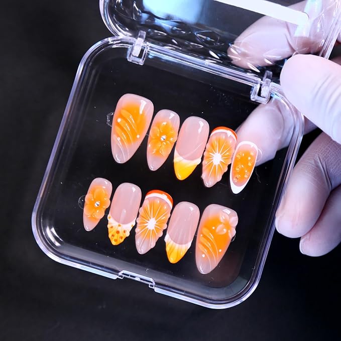 Press on Nails Medium Length Almond Fake Nails, 3D Shell Nails Design,10 Pcs Reusable ABS Material Finger Painting Nail Tip Salon Artificial Nails for Women (Size L)